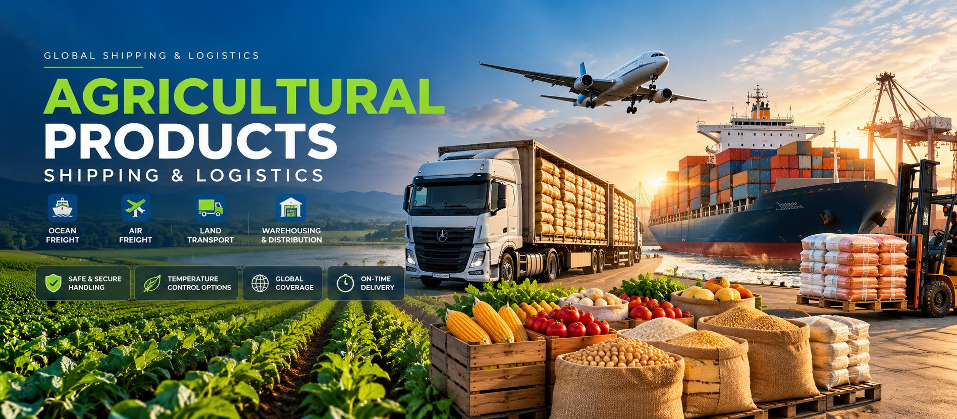 Global shipping and logistics for agricultural products: sea freight, air freight, land transport, warehousing and customs clearance. Typical cargo: fruits, vegetables, grains and seeds.