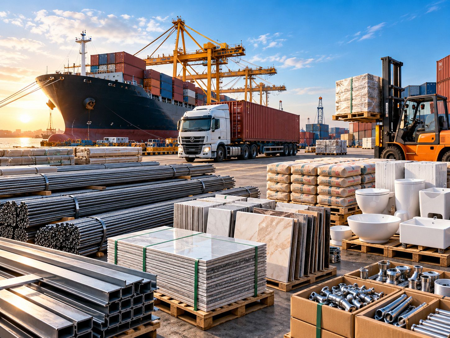 Reach stacker lifting a blue container in a port container yard