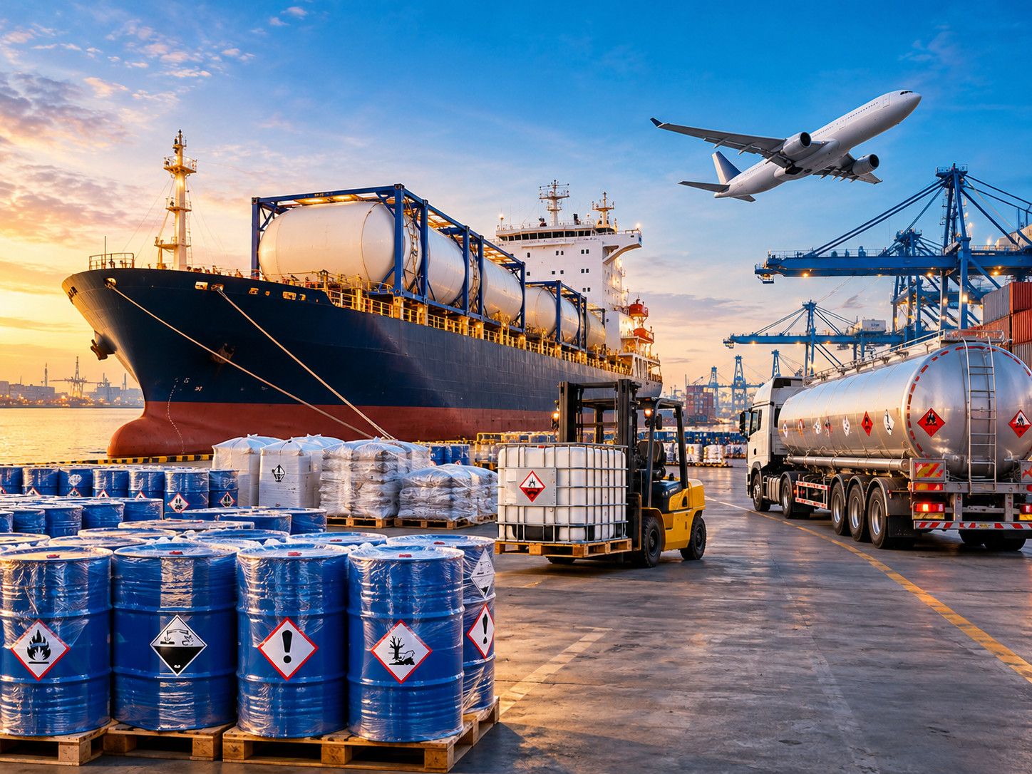 Rows of stacked containers in a port yard under a ship-to-shore crane