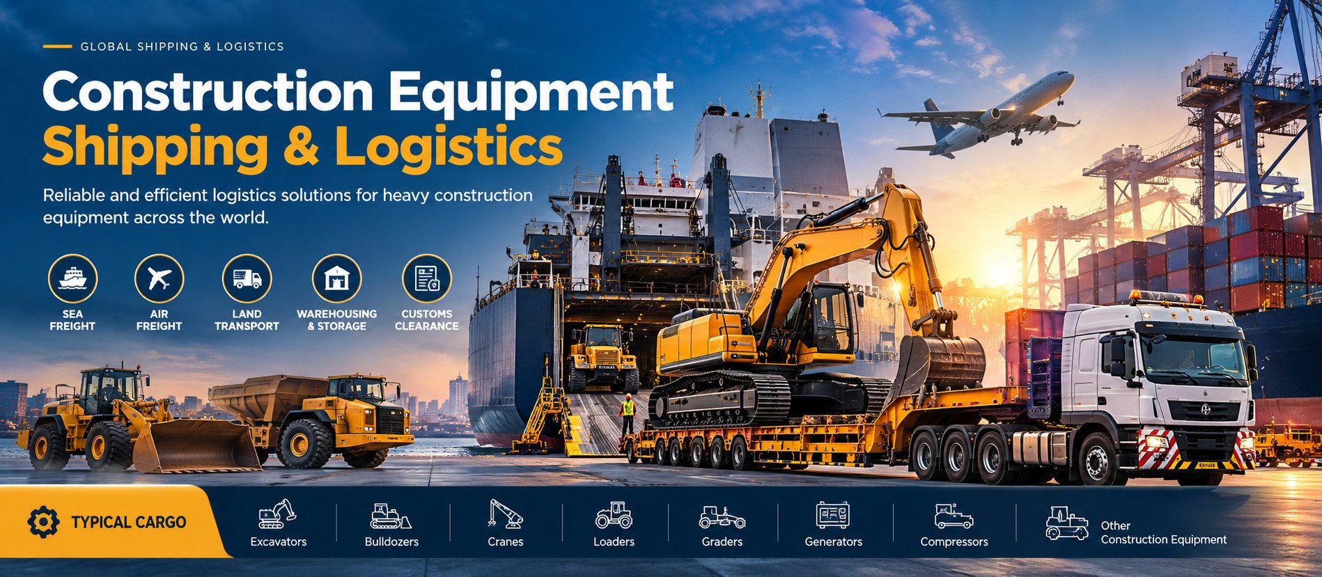 Global shipping and logistics for construction equipment: sea freight, air freight, land transport, warehousing and customs clearance. Typical cargo: generators, compressors and equipment.