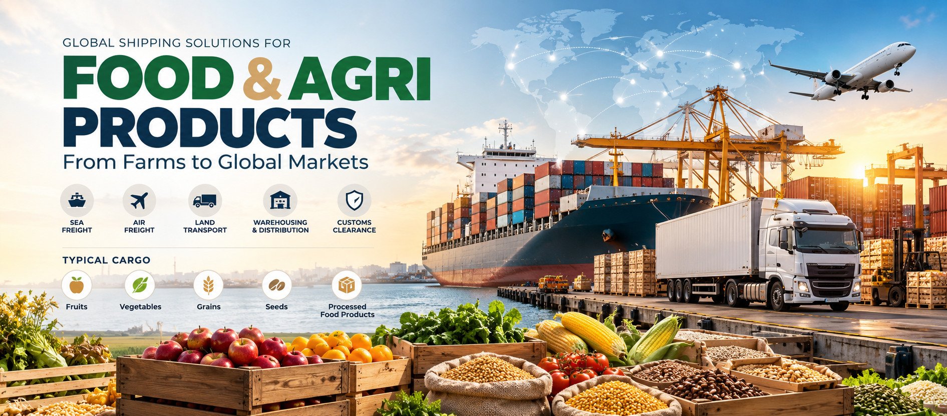 Global shipping and logistics for food & beverage: sea freight, air freight, land transport, warehousing and customs clearance. Typical cargo: rice, spices, pulses, dry foods and beverages.