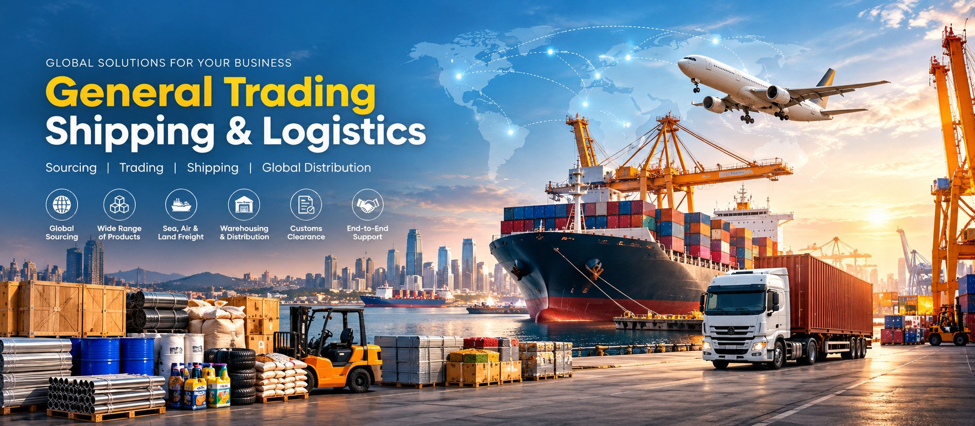 Global shipping and logistics for general trading: sea freight, air freight, land transport, warehousing and customs clearance. Typical cargo: mixed commodities, consumer goods and industrial products.