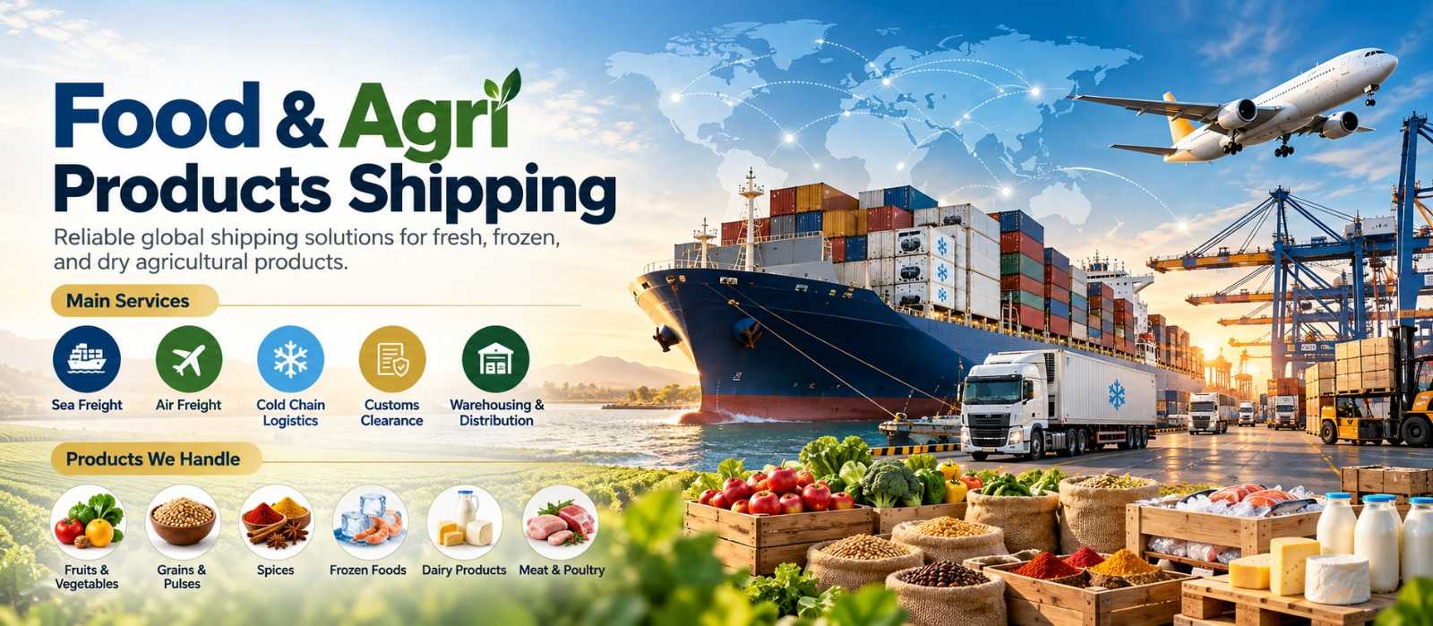 Food and agri products shipping: reliable global shipping for fresh, frozen and dry agricultural products. Services: sea freight, air freight, cold chain logistics, customs clearance, warehousing and distribution. Products: fruits and vegetables, grains and pulses, spices, frozen foods, dairy, meat and poultry.