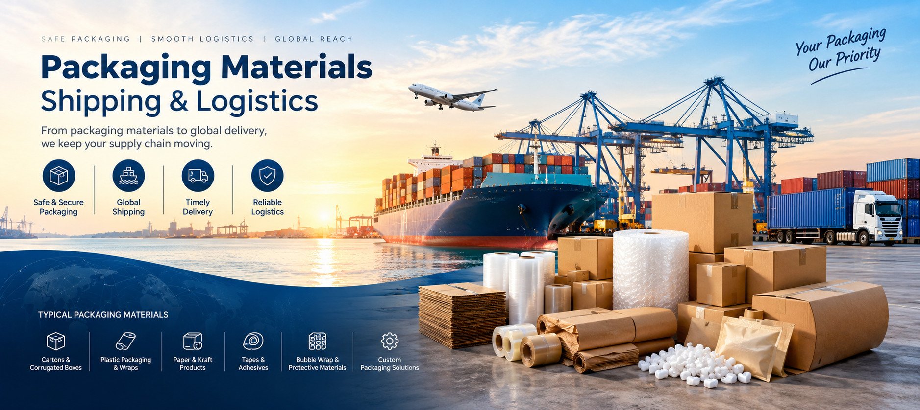 Global shipping and logistics for packaging materials: sea freight, air freight, land transport, warehousing and customs clearance. Typical cargo: plastic, cartons and packaging products.